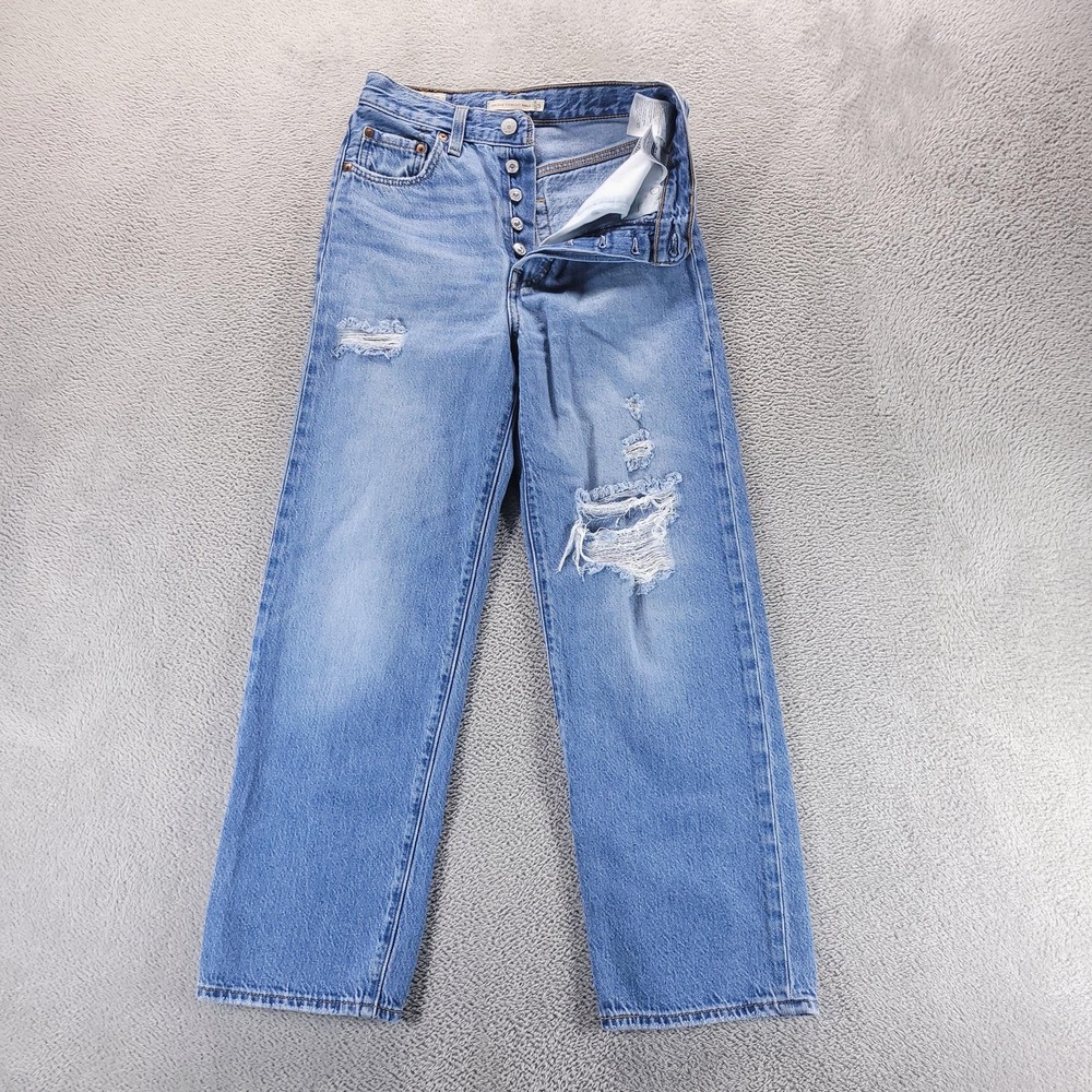 Levis Jeans Womens 25 Blue Ribcage Straight Ankle High Rise Distressed Denim